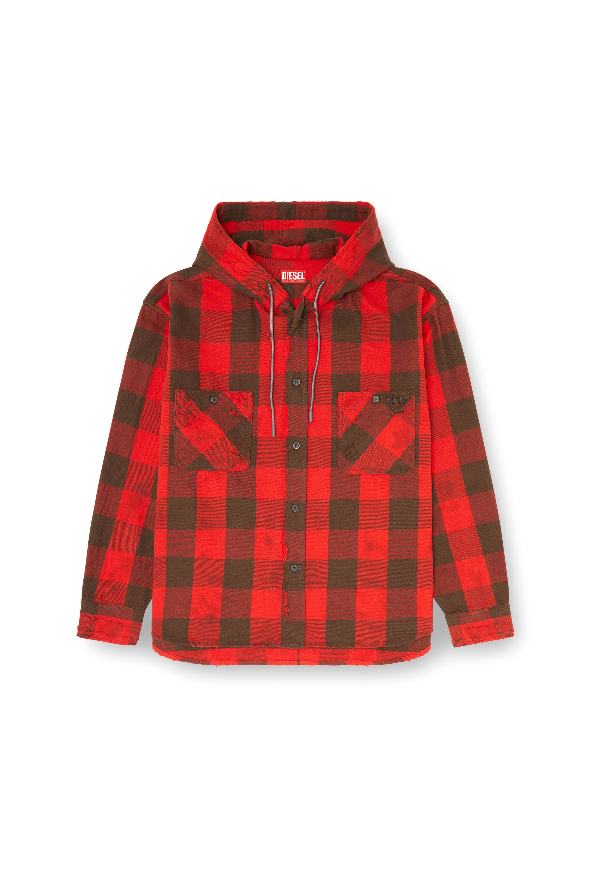 Diesel - S-DRUM-HOODY, Man's Distressed hooded shirt in check flannel in null - 3