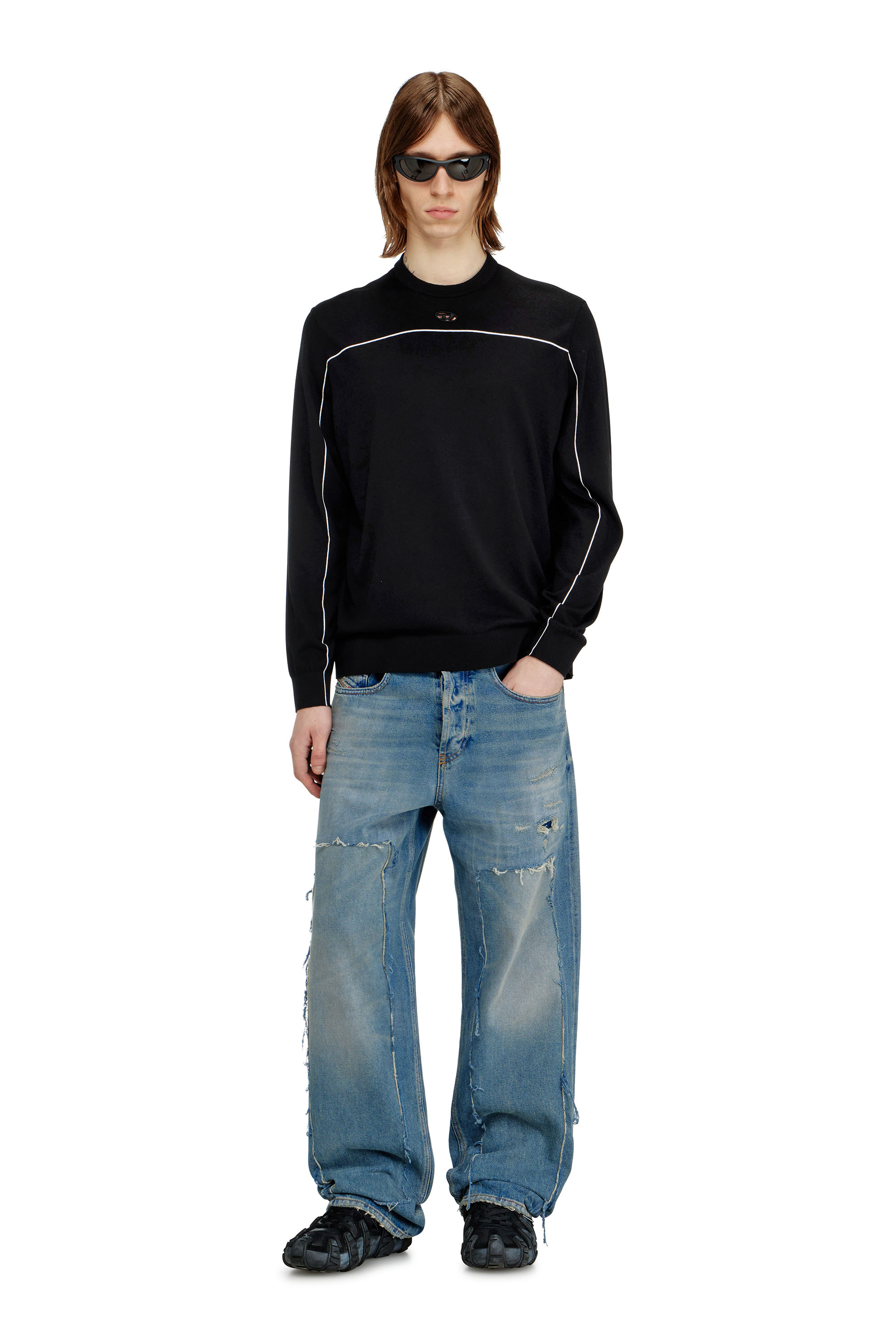 Diesel - K-VERENE, Man's Jumper in silk blend with piping in Black - 2