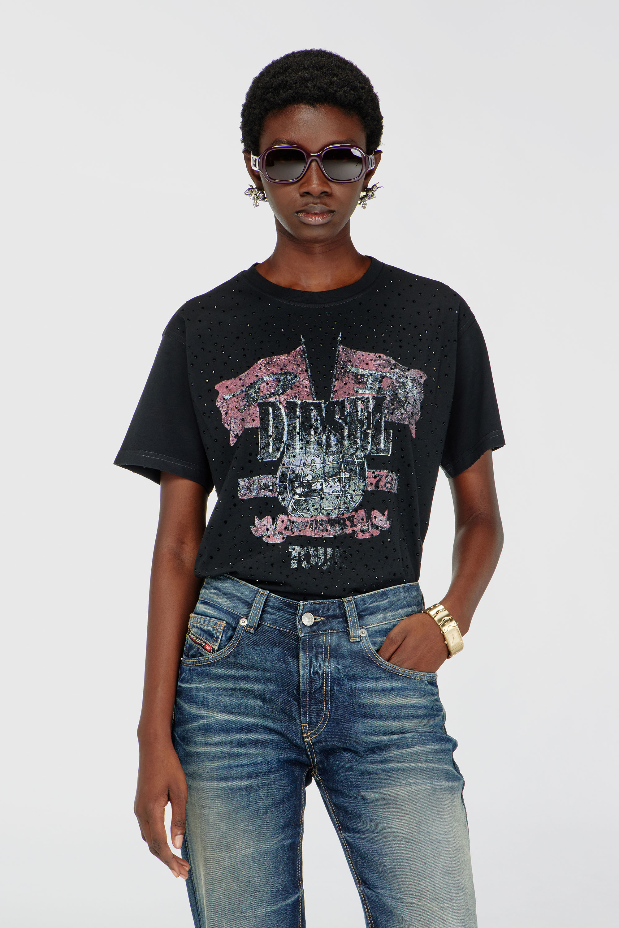 Diesel - T-MARLY, Woman's T-shirt with concert graphics and crystals in Black - 1