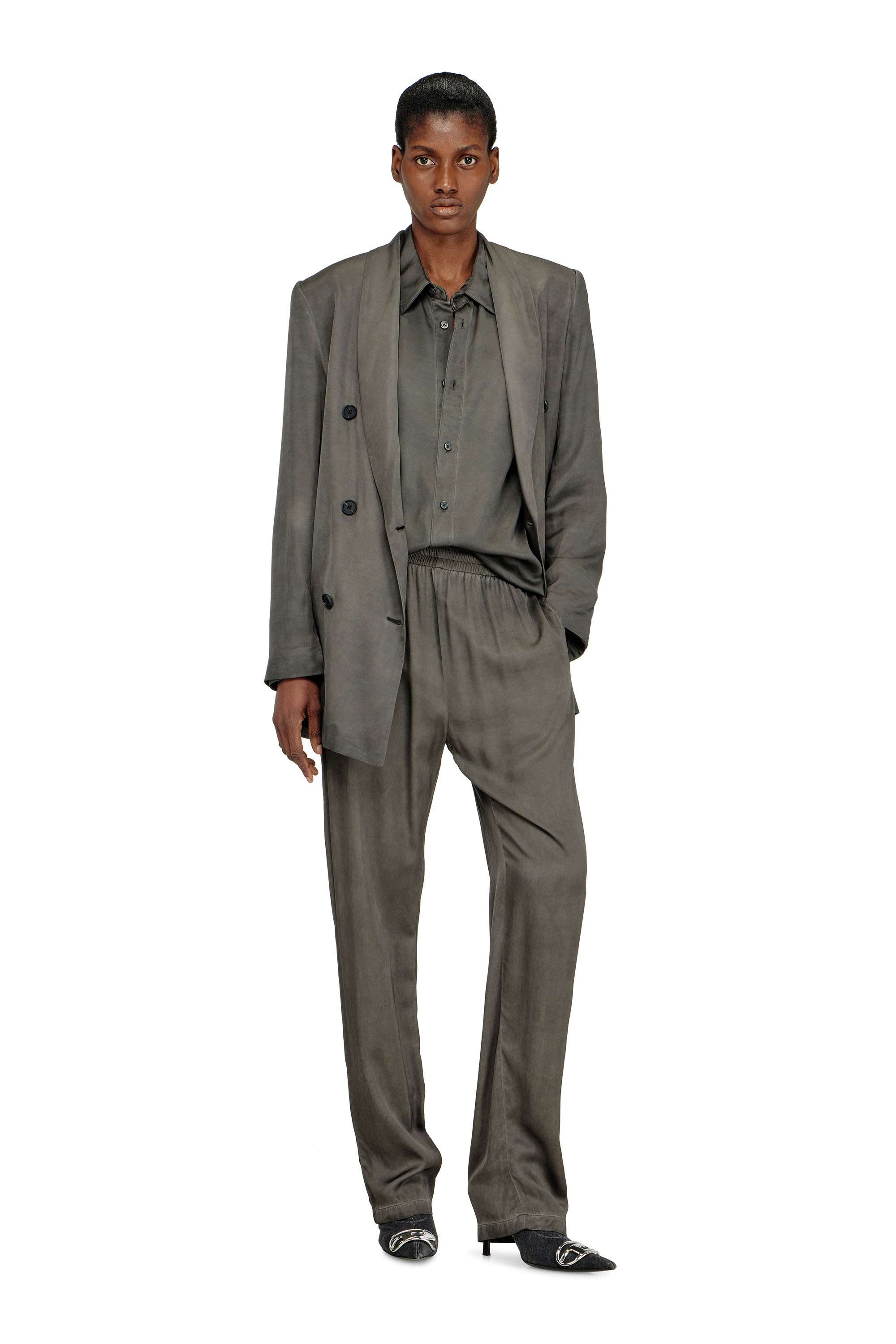 Diesel - P-TRAK, Woman's Fluid pants in pigment-dyed satin in Dark grey - 2